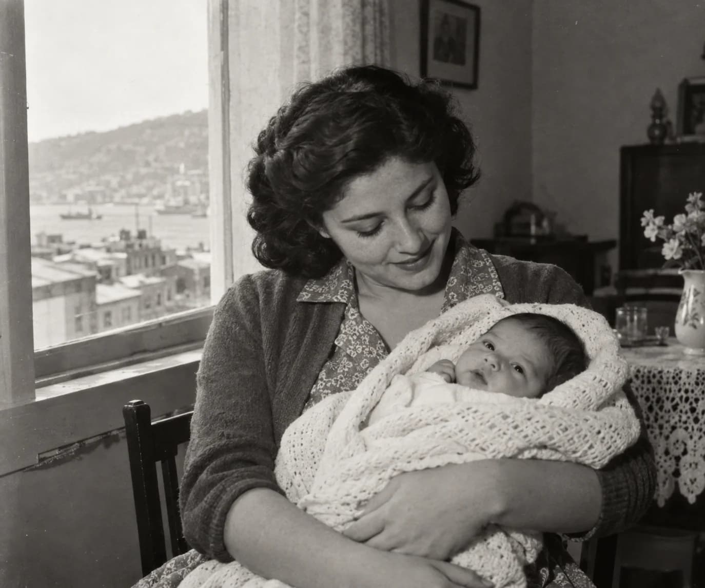 1956 · Elena recién nacida en brazos de su madre