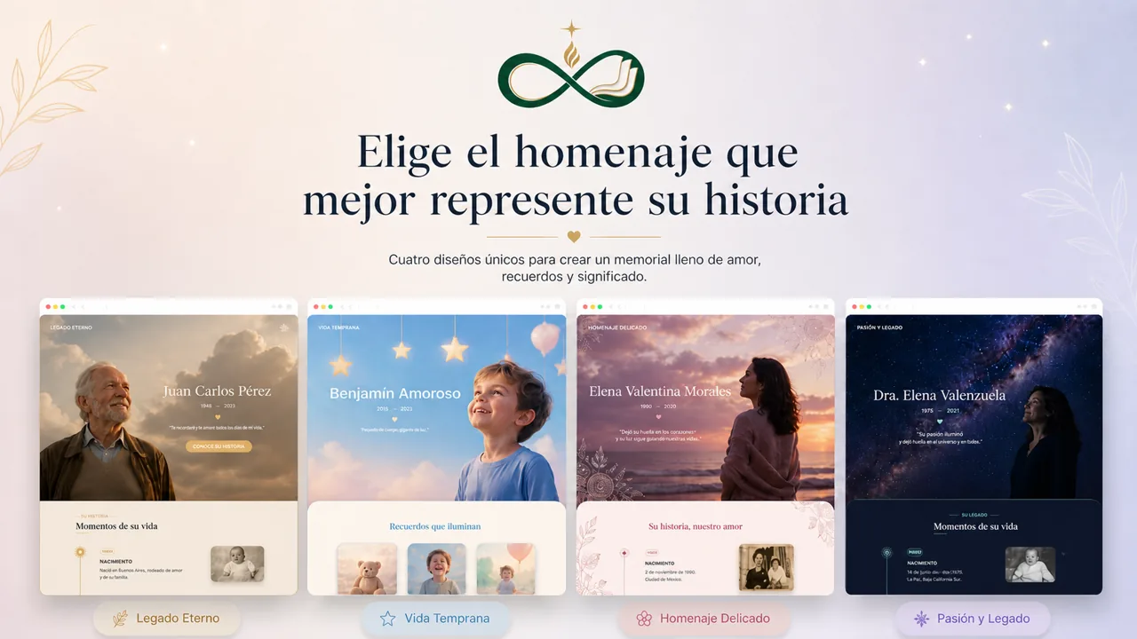 Ejemplos de memoriales digitales EcosDeVida vistos desde distintos dispositivos